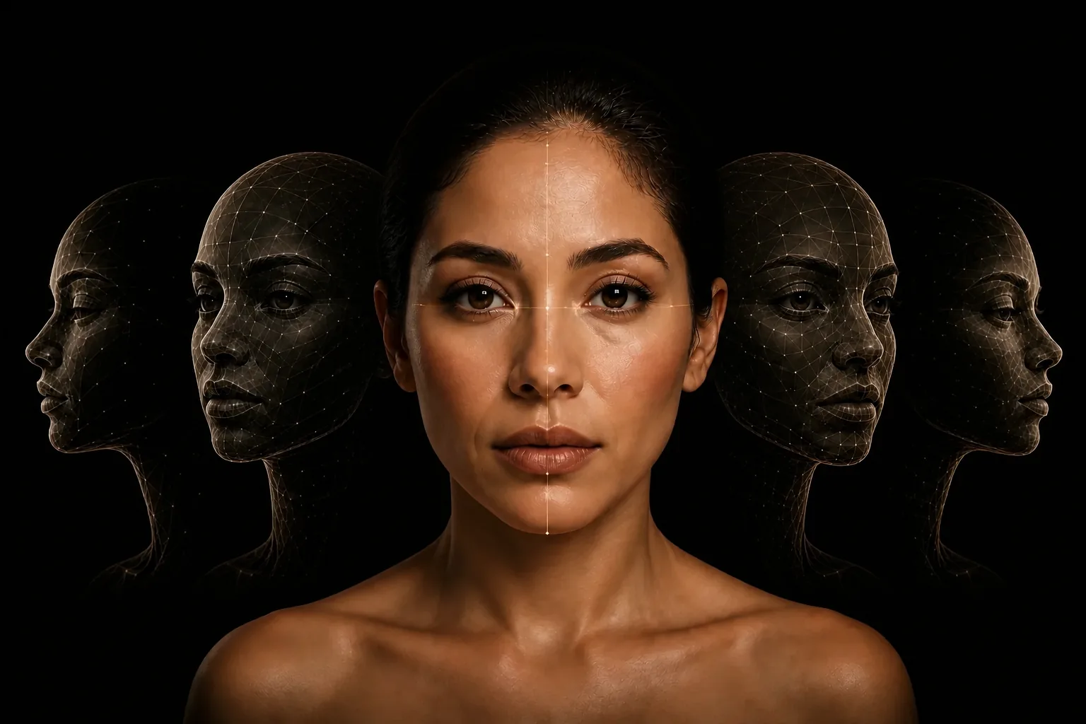 Rostro femenino real con guías de simetría, siluetas faciales en malla y una X minimalista formada por dos trazos de maquillaje